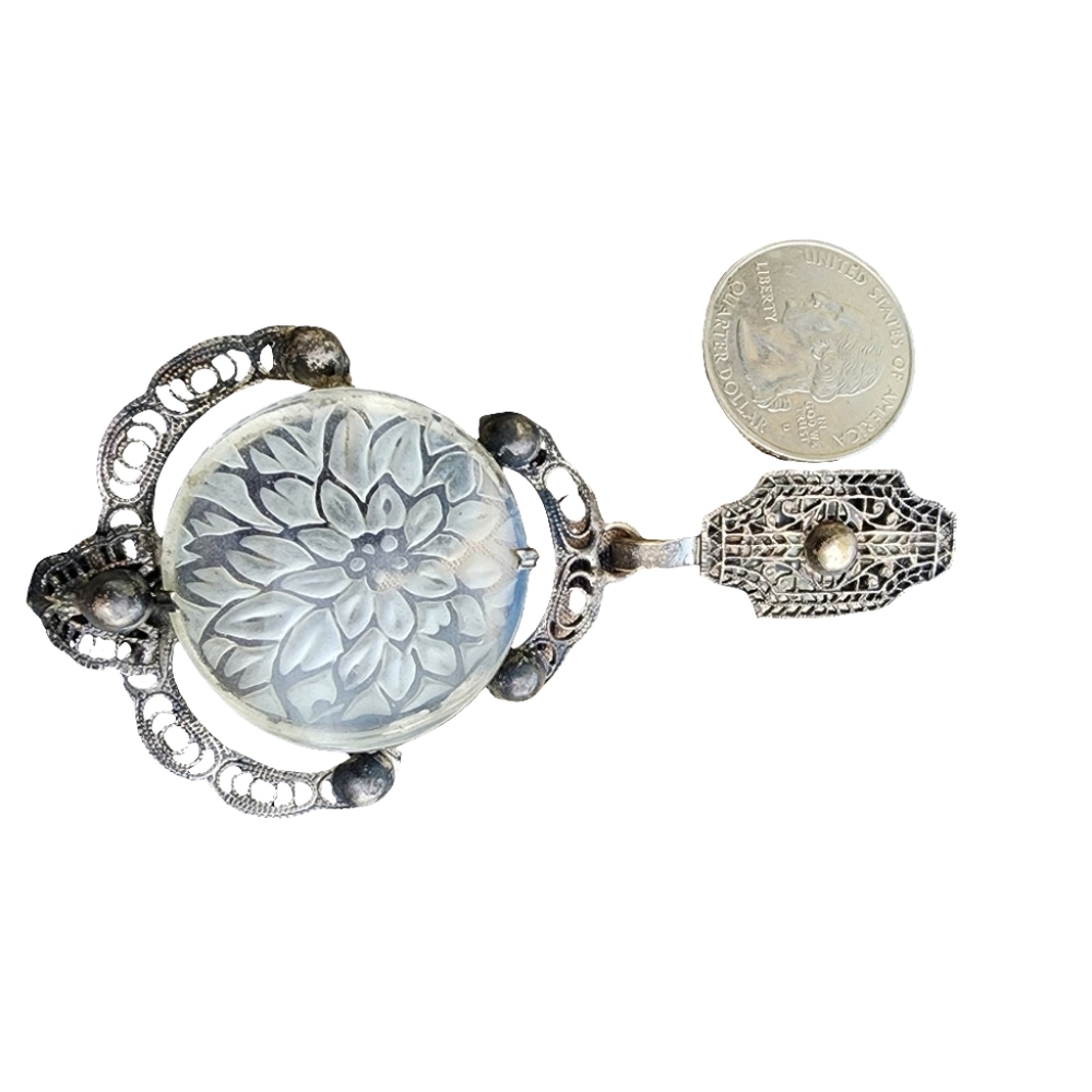 Lalique type antique reverse carved flower  floral scarf clip filigree a… - Picture 12 of 12